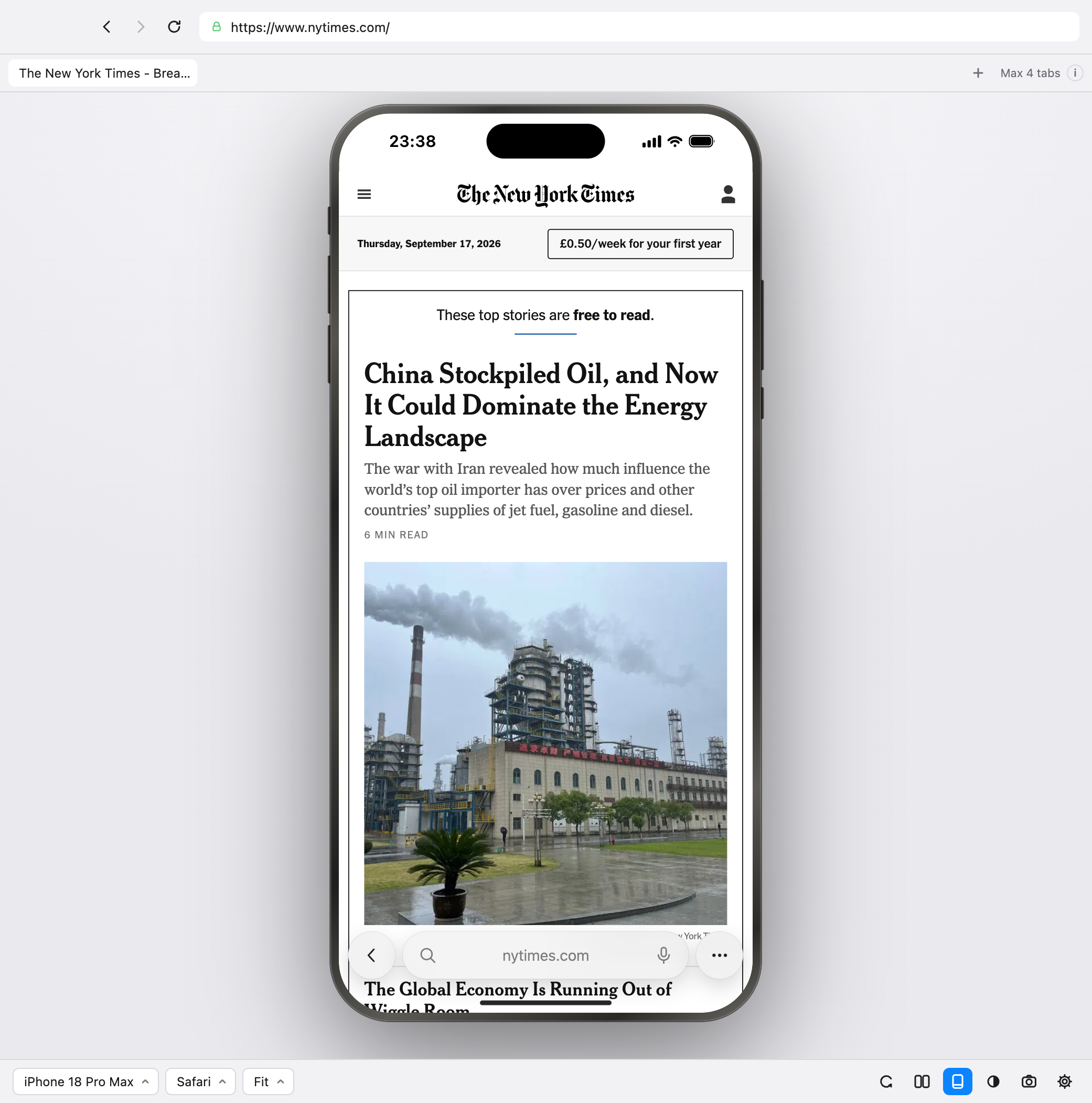 Responsive Phone Browser on a Mac: the New York Times home page running inside an iPhone 18 Pro Max, with Safari’s address bar drawn at the bottom of the phone.